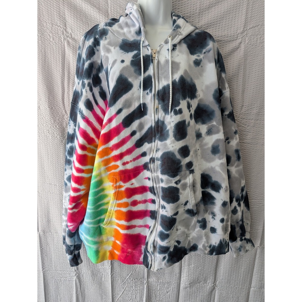 Hand Tie Dyed Full Zip Hoodie 2XL Rainbow Black Grey Cloud Wash Oversized
